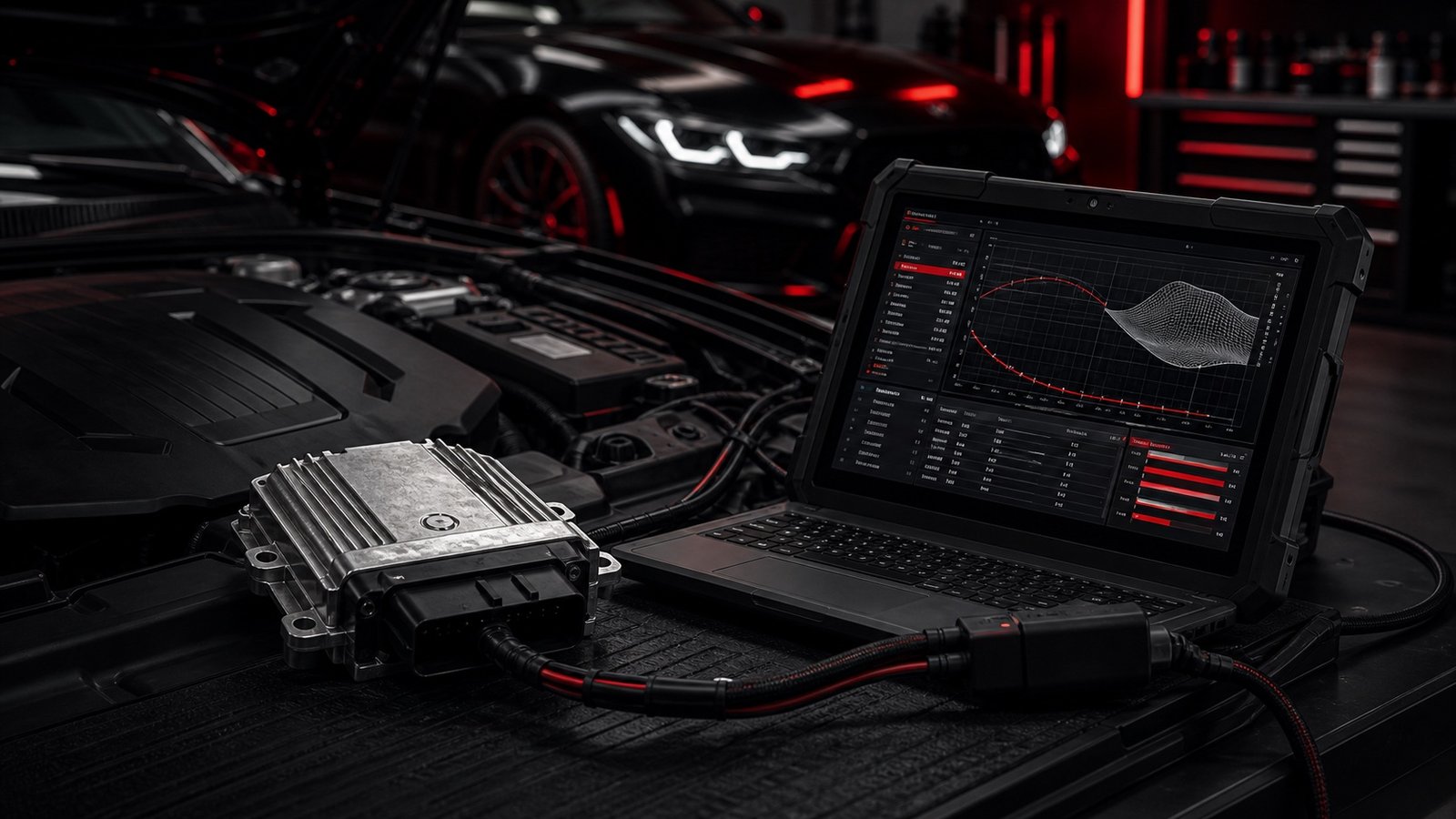 Chiptuning und Motorsteuerung im dunklen Nitro-Werkstattdesign