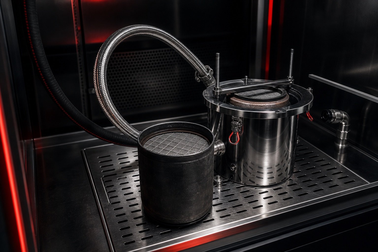 Dieselpartikelfilter Reinigung im dunklen Nitro-Werkstattdesign