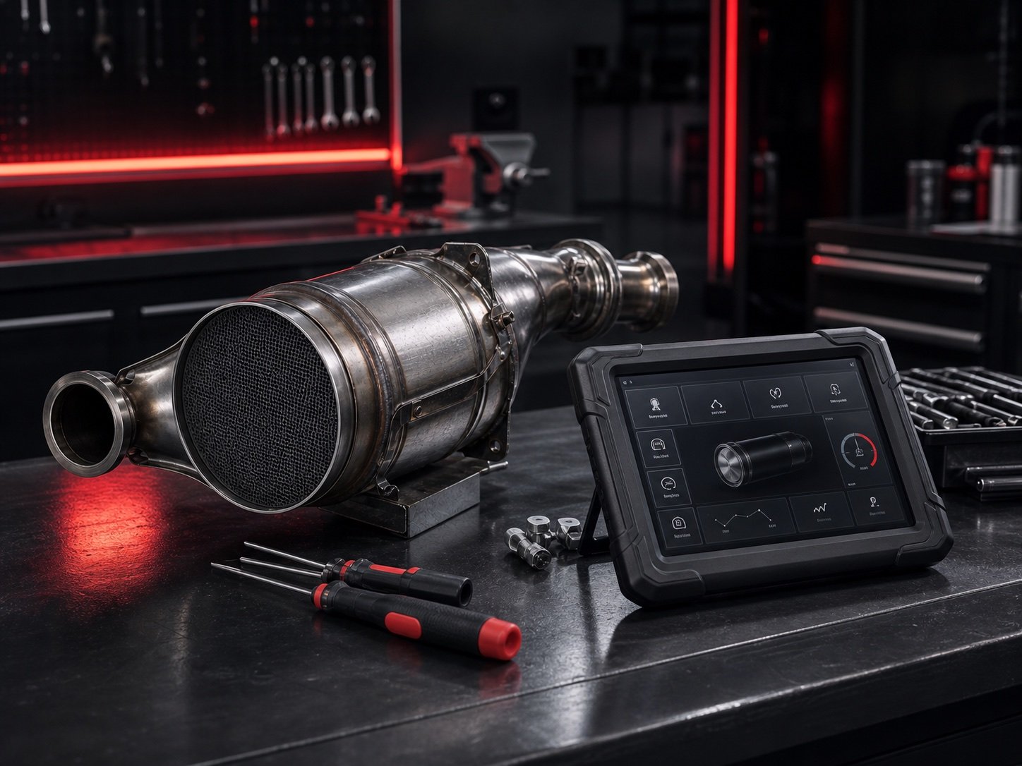Dieselpartikelfilter, Diagnosegerät und Werkstattarbeit im dunklen Nitro-Design