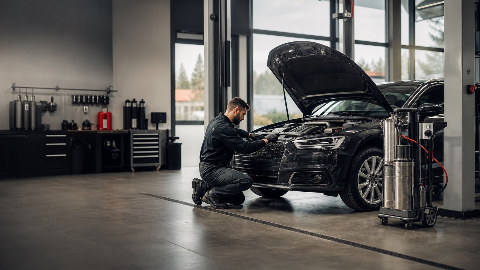 Moderner Fahrzeugservice in einer hellen Werkstatt