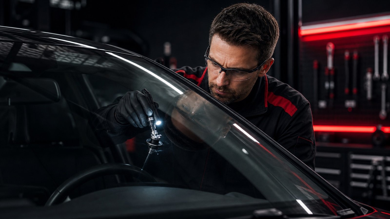 Scheibenservice und Autoglasreparatur im dunklen Nitro-Werkstattdesign